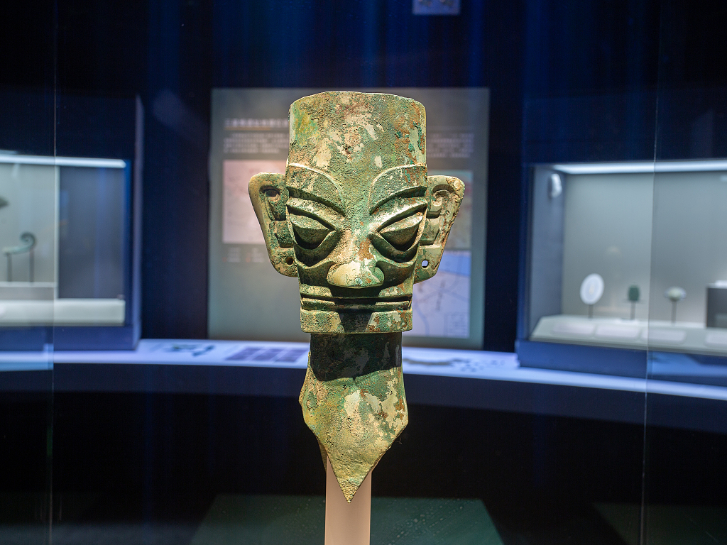 A bronze sculpture of a human head unearthed at the Sanxingdui Ruins site exhibited at the Anhui Museum in east China's Anhui Province. /CFP