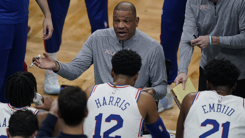 Doc Rivers (C), head coach of the Philadelphia 76ers, talks to his players during a timeout in Game 7 of the NBA Eastern Conference semifinals against the Boston Celtics at TD Garden in Boston, Massachusetts, May 14, 2023. /CFP