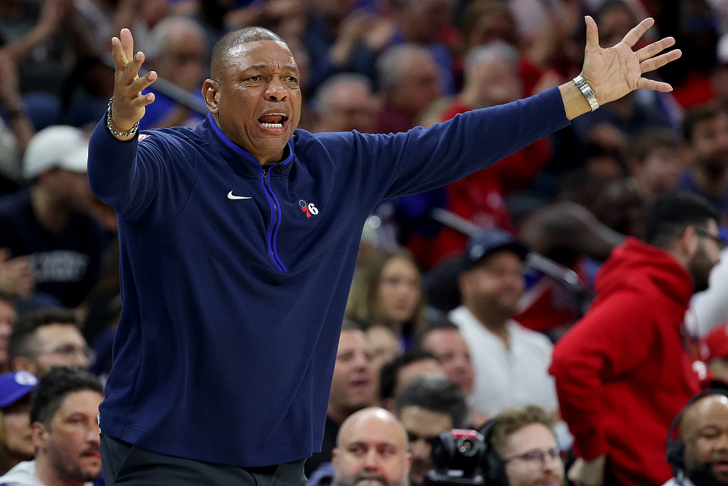 Doc Rivers, head coach of the Philadelphia 76ers, during Game 6 of the NBA Eastern Conference semifinals against the Boston Celtics at the Wells Fargo Center in Philadelphia, Pennsylvania, May 11, 2023. /CFP