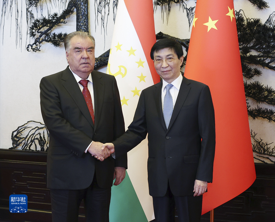 China's top political adviser Wang Huning (R) meets with President Emomali Rahmon of Tajikistan in Beijing, China, May 17, 2023. /Xinhua