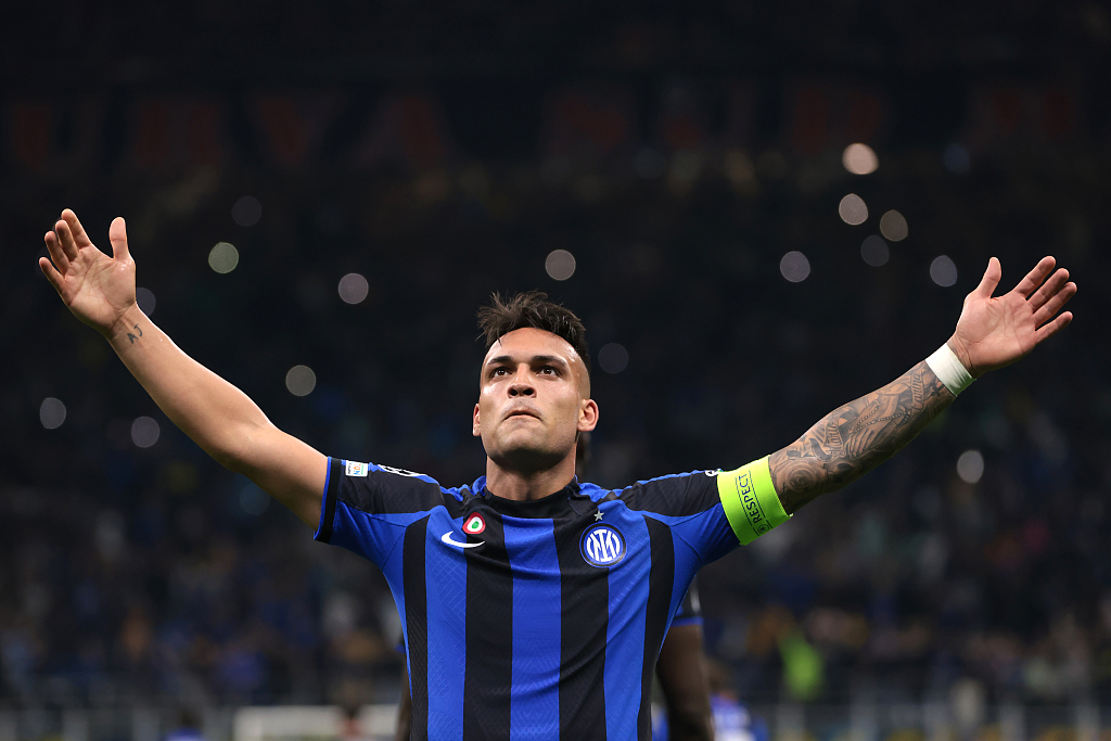 Lautaro Martinez of Inter Milan reacts after scoring during their Champions League clash with AC Milan at Stadio Giuseppe Meazza in Milan, Italy, May 16, 2023. /CFP