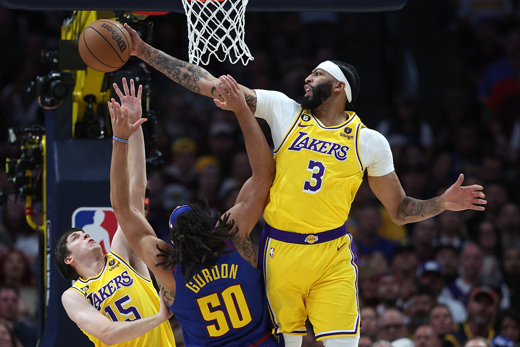 Anthony Davis (#3) of the Los Angeles Lakers blocks a shot by Aaron Gordon (#50) of the Denver Nuggets in Game 1 of the NBA Western Conference Finals at the Ball Arena in Denver, Colorado, May 16, 2023. /CFP