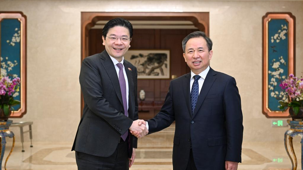 Li Ganjie (R), a member of the Political Bureau of the Communist Party of China (CPC) Central Committee and head of the CPC Central Committee's Organization Department, meets with Deputy Prime Minister and Minister for Finance of Singapore Lawrence Wong in Beijing, China, May 17, 2023. /Xinhua