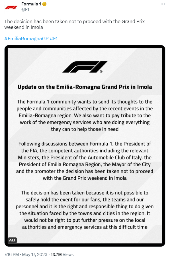 F1's tweet on May 17 about the cancellation of the race in Imola. /@F1