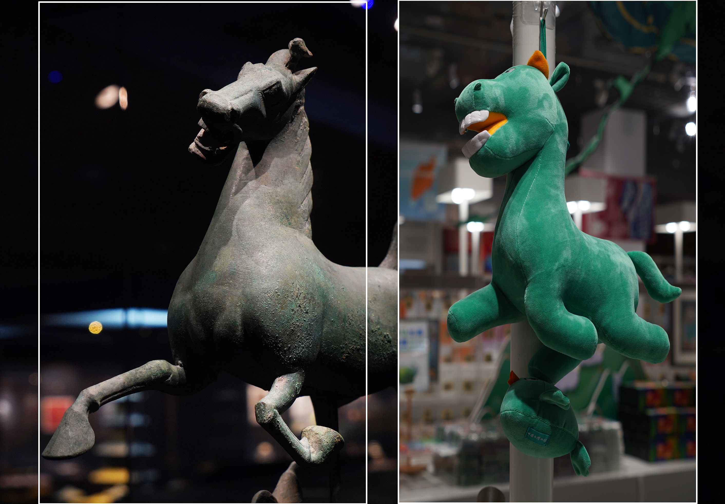 Comparison between the bronze galloping horse and a toy based on the cultural relic, Lanzhou, capital of northwest China's Gansu Province, June 28, 2022. /CFP