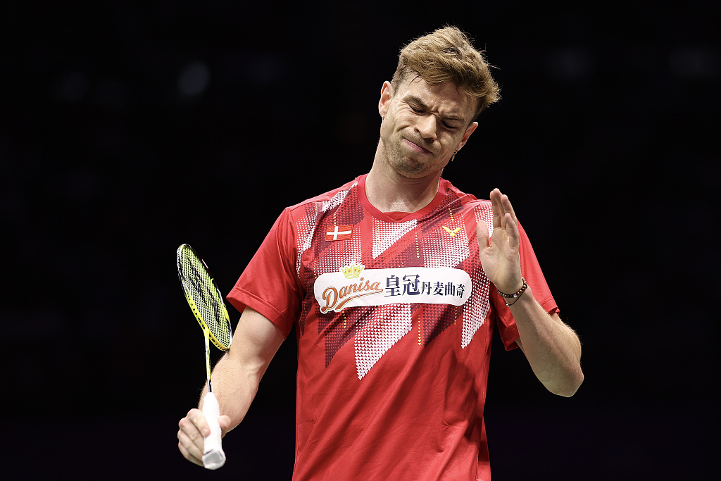 Rasmus Gemke of Denmark reacts during the game against China's Li Shifeng at the Sudirman Cup in Suzhou, China, May 18, 2023. /CFP
