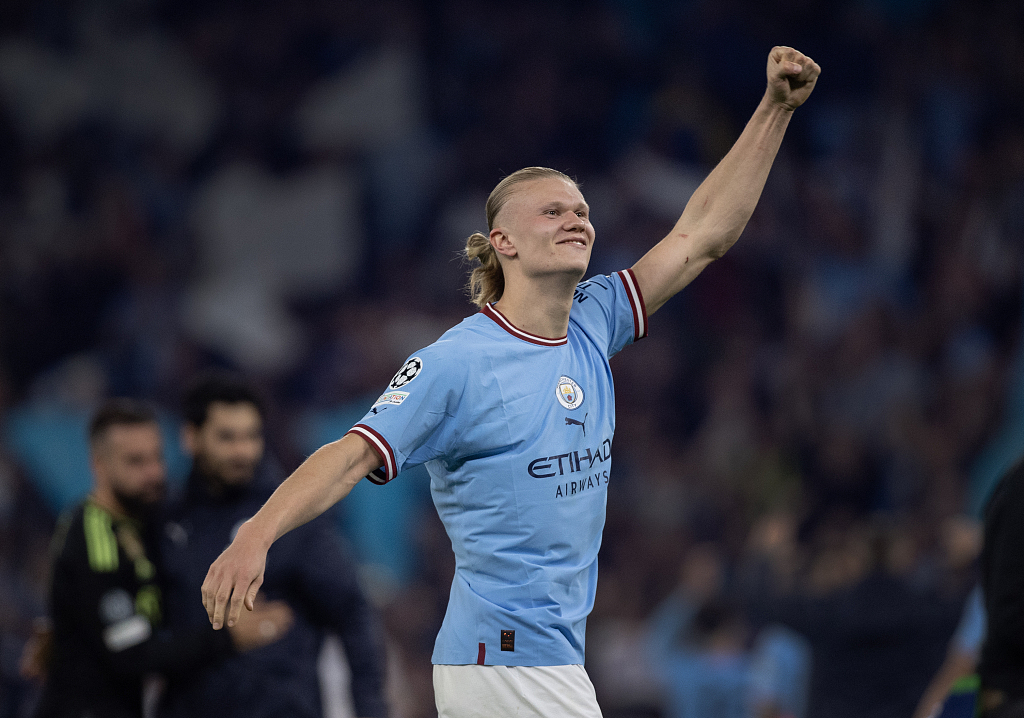 Erling Haaland of Manchester City celebrates their 4-0 win over Real Madrid in the UEFA Champions League semifinals second-leg game at the Etihad Stadium in Manchester, England, May 17, 2023. /CFP