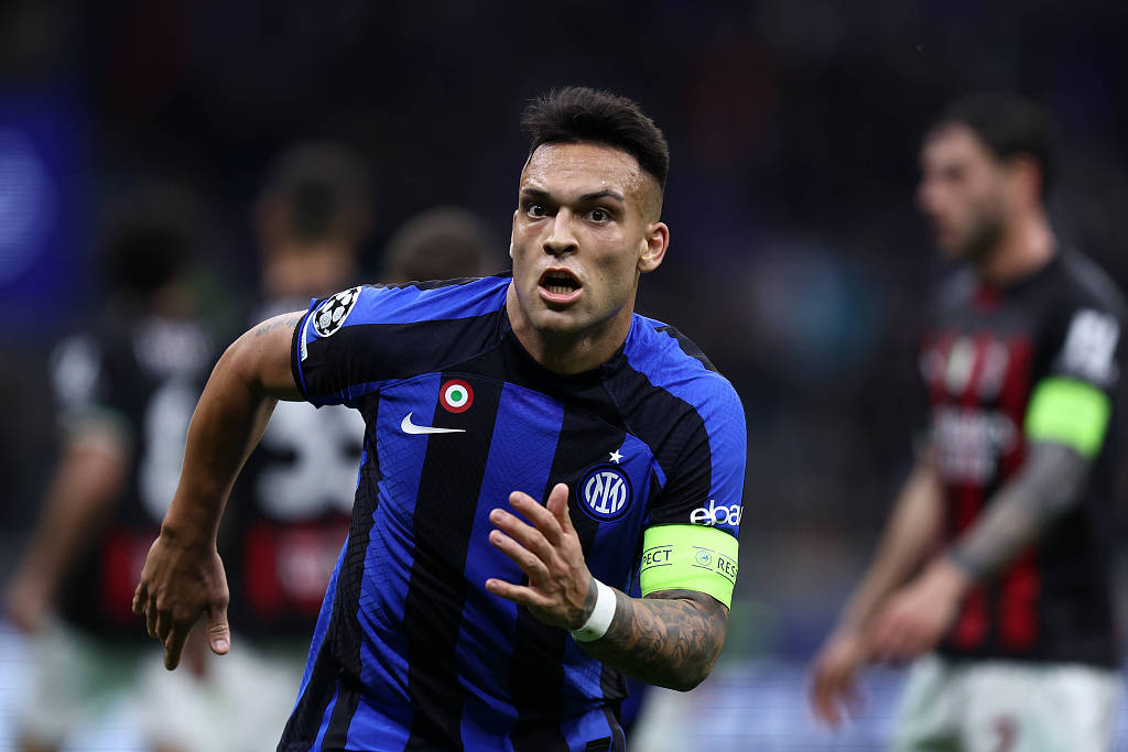 Lautaro Martinez of Inter Milan celebrates after scoring a goal in the UEFA Champions League semifinals second-leg game against Inter Milan at Stadio Giuseppe Meazza in Milan, Italy, May 16, 2023. /CFP