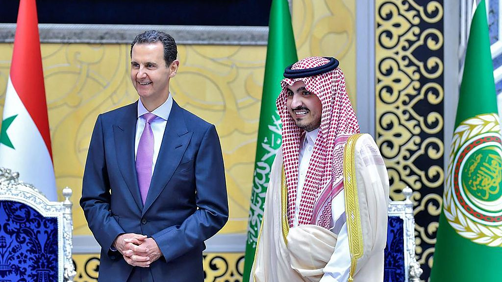 Syrian President Bashar al-Assad (R) arrives in the Saudi city of Jeddah and is greeted by Prince Badr bin Sultan (L), deputy governor of Mecca, on May 18, 2023. CFP.