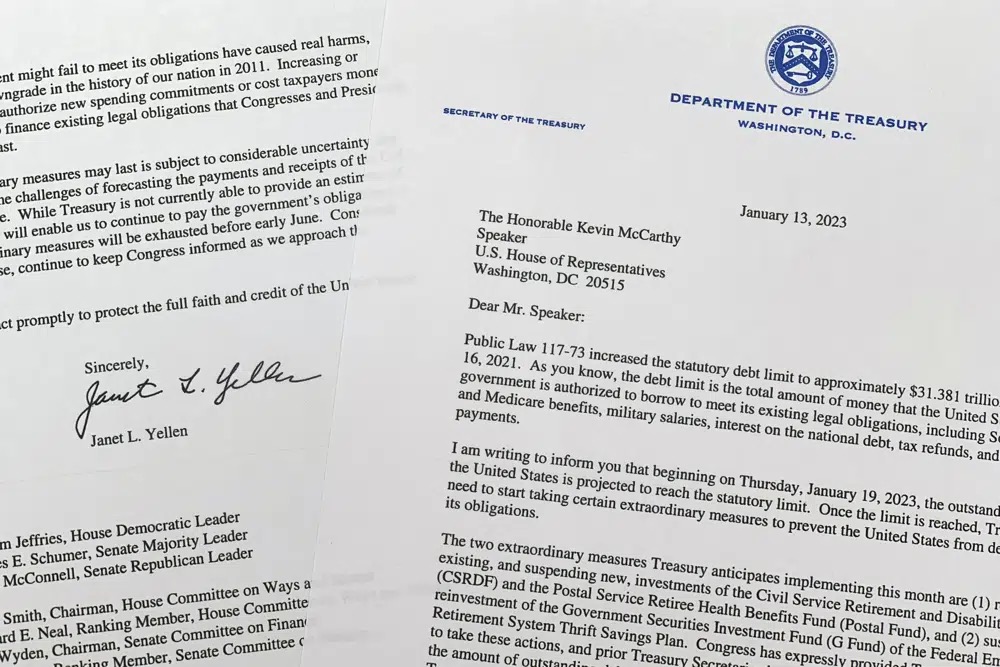 The letter from Treasury Secretary Janet Yellen to House Speaker Kevin McCarthy of California, photographed Friday, January 13, 2023, notifying Congress that the U.S. is projected to reach its debt limit on January 19, and will then resort to 