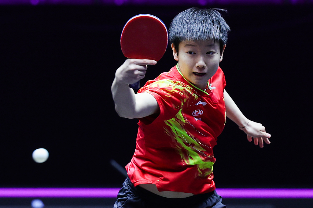 Sun Yingsha of China competes in the WTT Champions Macao women's singles match against Hana Matelova of the Czech Republic in south China's Macao Special Administrative Region, April 19, 2023. /CFP