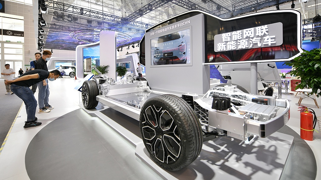 A new generation of intelligent electric vehicle technology at the seventh World Intelligence Congress in north China's Tianjin Municipality, May 18, 2023. /CFP