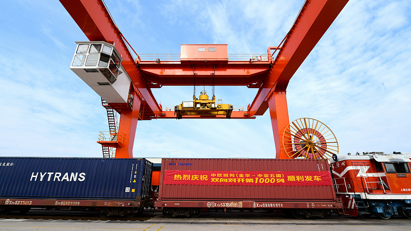 A fully loaded China-Europe freight train departs from Jinhua City in east China's Zhejiang Province, May 16, 2023. /CFP