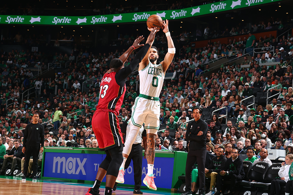 Jayson Tatum (#0) of the Boston Celtics shoots in Game 2 of the NBA Eastern Conference Finals against the Miami Heat at TD Garden in Boston, Massachusetts, May 19, 2023. /CFP