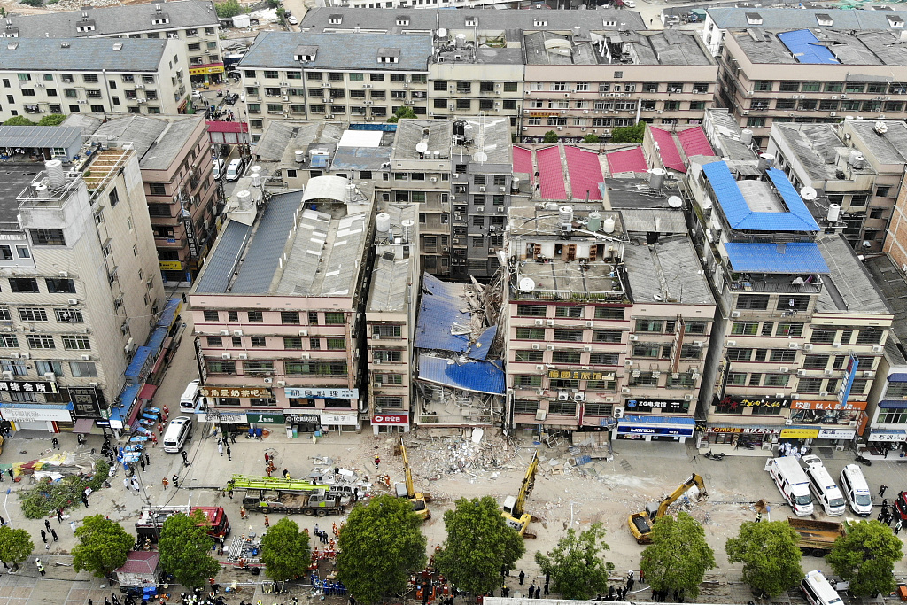 Aerial photo of a collapsed self-built residential structure, Changsha City,  central China's Hunan Province, April 29, 2022. /CFP