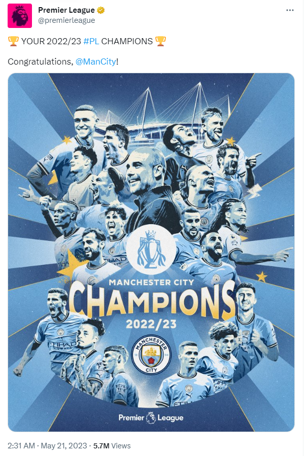 Premier League's tweet on May 21 about the Premier League's title this season awarded to Manchester City. /@premierleague 