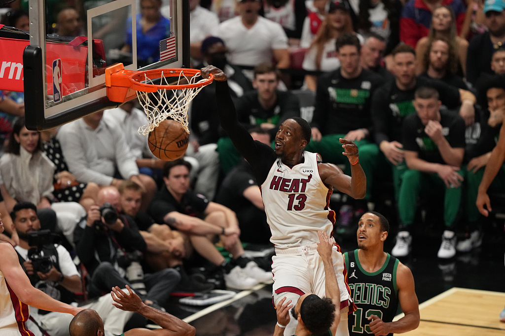 Bam Adebayo of the Miami Heat dunks in Game 3 of the NBA Eastern Conference Finals against the Boston Celtics at the Kaseya Center in Miami, Florida, May 21, 2023. /CFP