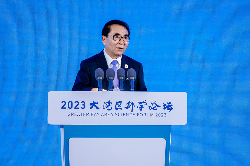 Bai Chunli, president of the Alliance of International Science Organizations and the Greater Bay Area Science Forum, delivering a speech at the opening ceremony of the Greater Bay Area Science Forum 2023, Guangzhou, May 21, 2023. /CFP 