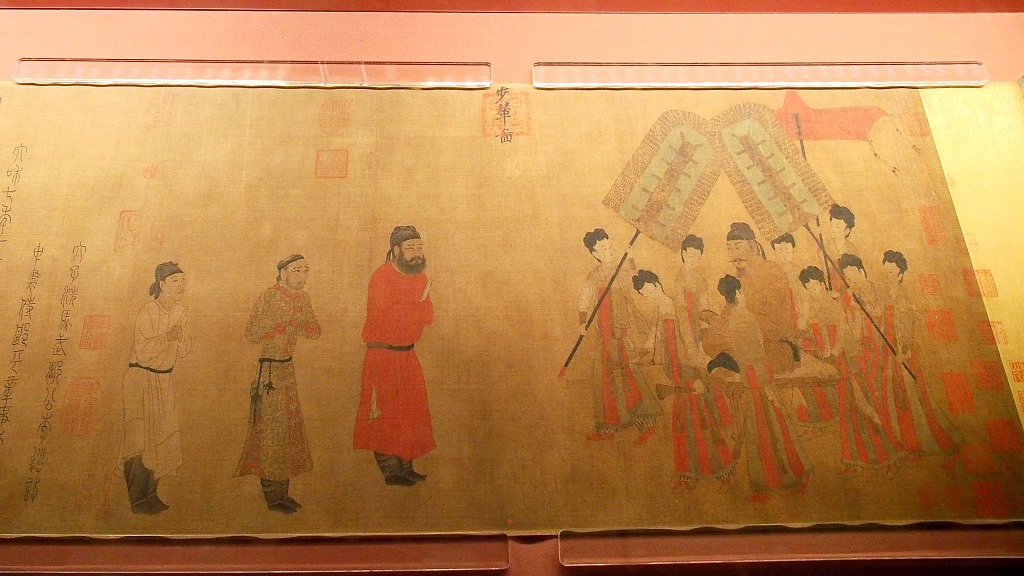 A closer view of the “Emperor Taizong Receiving the Tibetan Envoy,” created by renowned painter Yan Liben (601-673) and on display at the Palace Museum in Beijing on April 29, 2023. /CFP