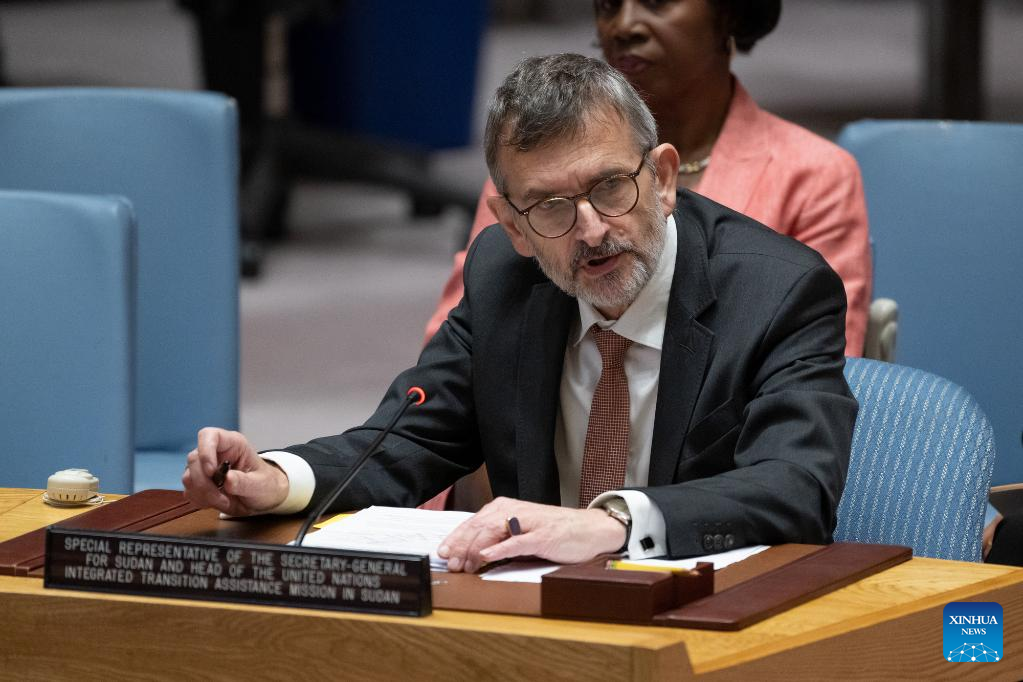 Volker Perthes, UN secretary-general's special representative for Sudan and head of the UN Integrated Transition Assistance Mission in Sudan, briefs a Security Council meeting about recent developments in Sudan at the UN headquarters in New York, May 22, 2023. /Xinhua 