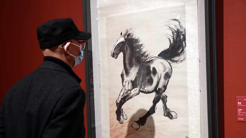 A horse drawn by Xu Beihong in 1944 on display at the National Art Museum of China, Beijing, March 25, 2022. /CFP