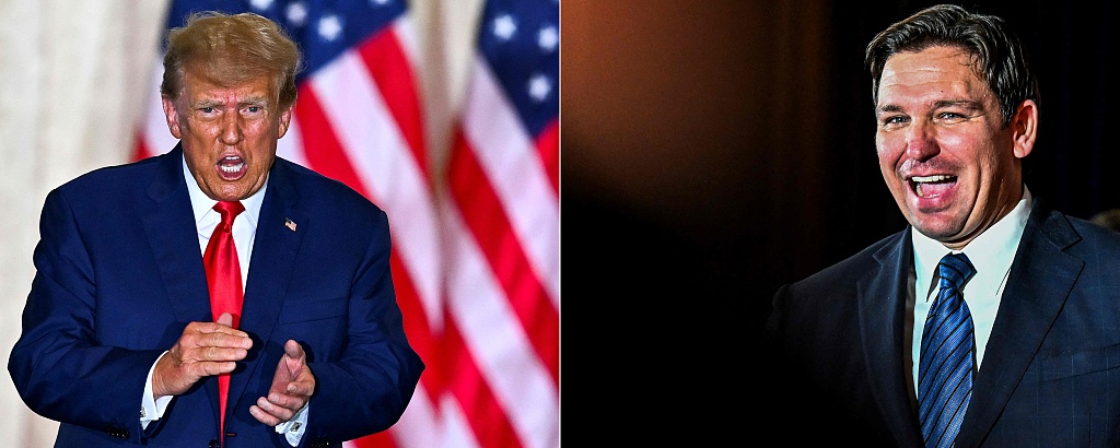 This combination of pictures created on May 24, 2023, shows former U.S. President Donald Trump after speaking at his Mar-a-Lago estate in Palm Beach, Florida on April 4, 2023, and Florida Governor Ron DeSantis during a primary election night event in Hialeah, Florida, on August 23, 2022. /CFP