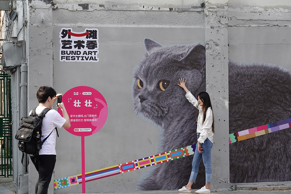 A woman poses for a photo with a huge cat image on a wall at Fangbangzhonglu Road in Shanghai, May 25, 2023. /CFP