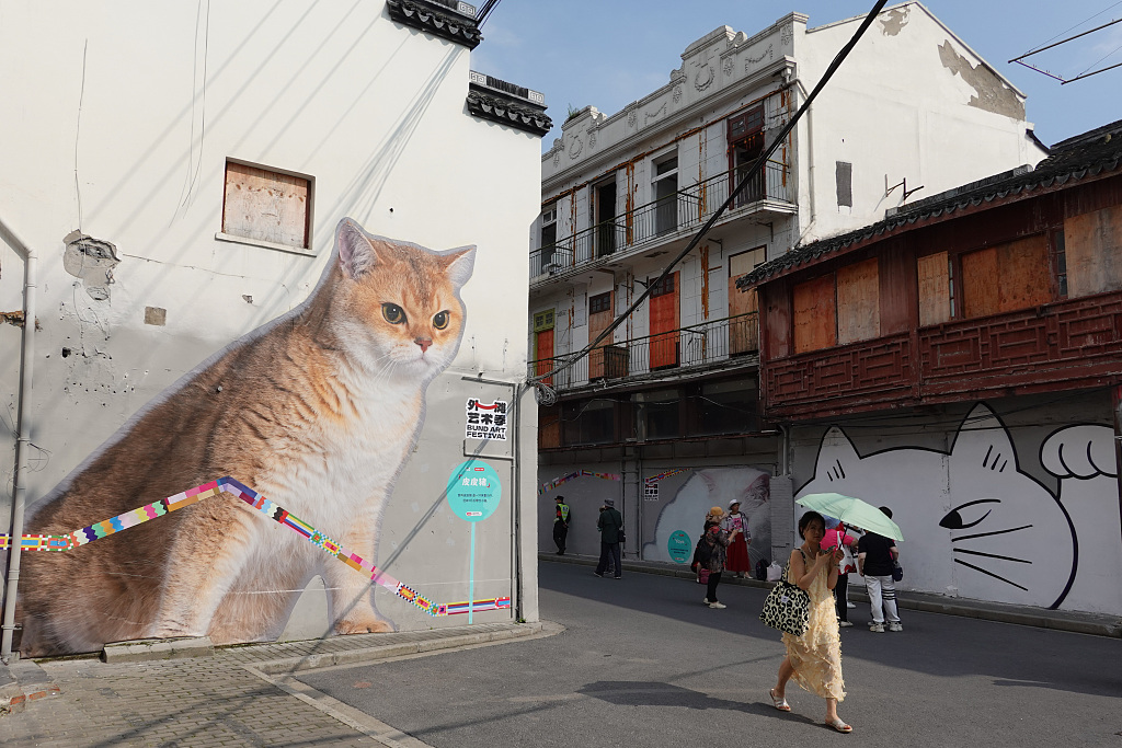The Fangbangzhonglu Road in Shanghai is decorated with dozens of high-definition photos and cartoon paintings of cats on May 25, 2023. /CFP