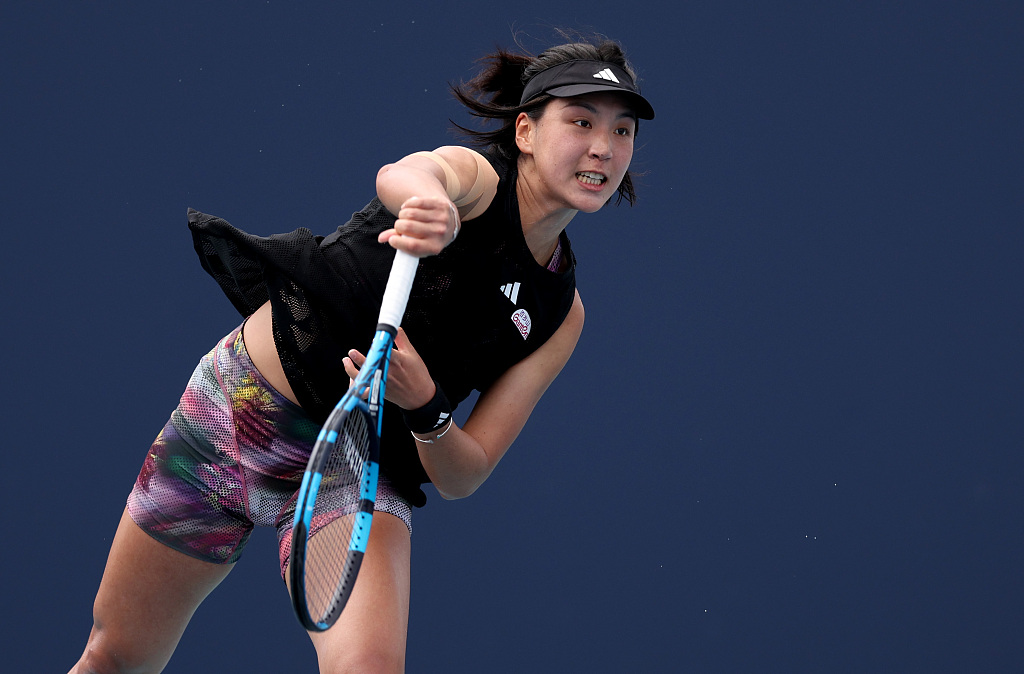 Wang Xinyu of China competes in the Miami Open women's singles second-round match against Karolina Pliskova of the Czech Republic at Hard Rock Stadium in Miami Gardens, Florida, March 24, 2023. /CFP