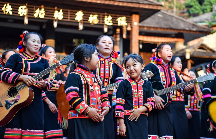 Villagers perform in Laodabao Village of Lancang Lahu Autonomous County in Pu'er City, southwest China's Yunnan Province, February 9, 2023. /Xinhua