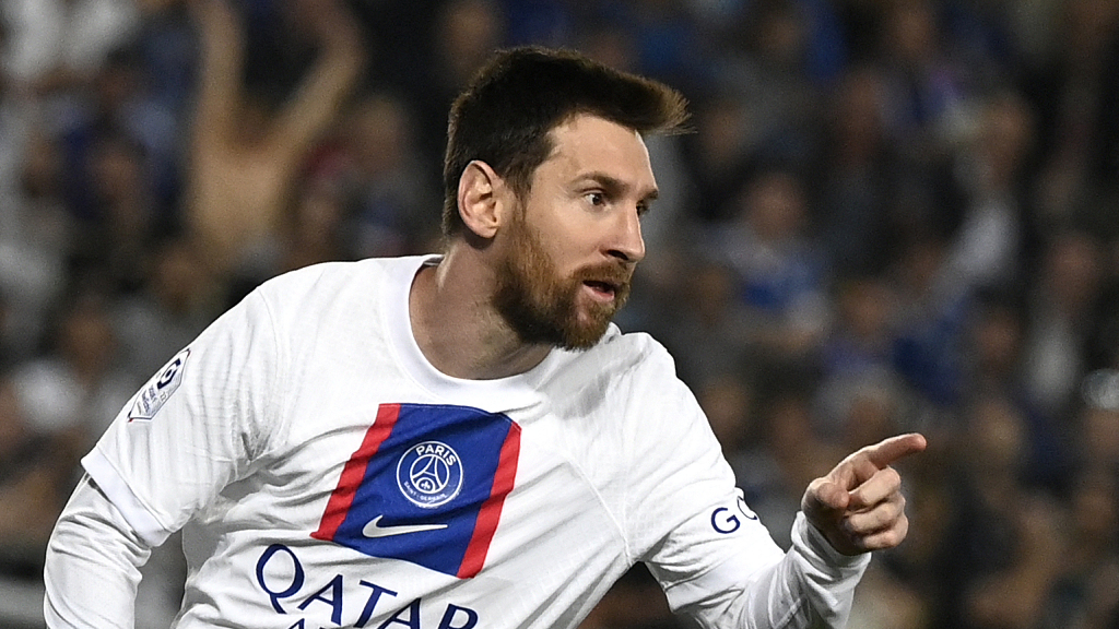 Lionel Messi reacts after scoring a goal for Paris Saint-Germain against Racing Strasbourg in Ligue 1 in Strasbourg, France, May 27, 2023. /CFP