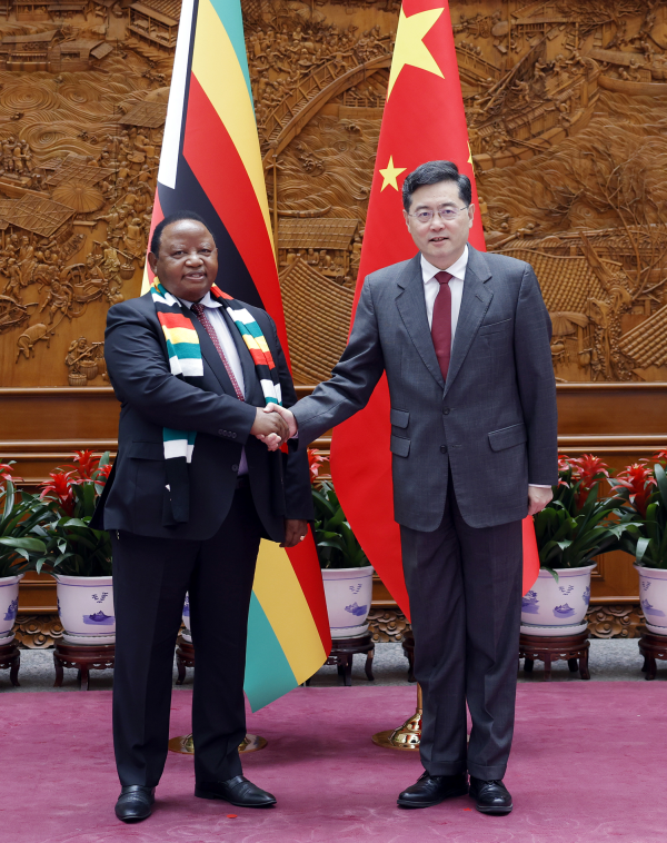 Chinese State Councilor and Foreign Minister Qin Gang (R) meets with Minister of Foreign Affairs and International Trade of Zimbabwe Frederick Shava in Beijing, China, May 29, 2023. /Chinese Foreign Ministry
