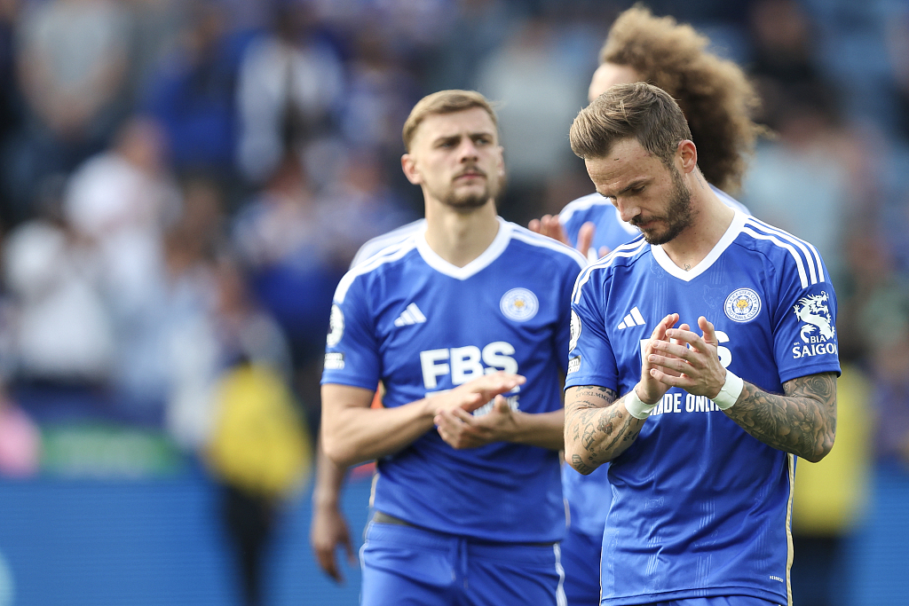 Players of Leicester City react after their Premier League match with West Ham United at the King Power Stadium in Leicester, England, May 28, 2023. /CFP 
