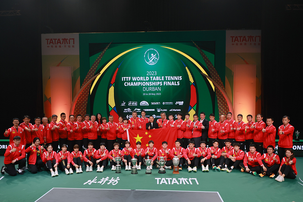 A group photo of Team China at the award ceremony of the ITTF World Table Tennis Championships Finals in Durban, South Africa, May 28, 2023. /CFP 