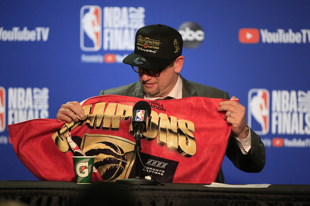 Nick Nurse, head coach of the Toronto Raptors, attends the press conference after the 114-110 win over the Golden State Warriors in Game 6 of the NBA Finals at Oracle Arena in Oakland, California, June 13, 2019. /CFP