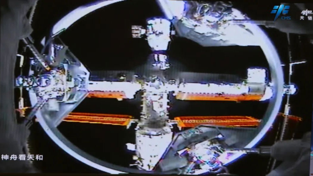 A still from a camera aboard the Shenzhou-16 spaceship showing the China Space Station, May 30, 2023. /CMG