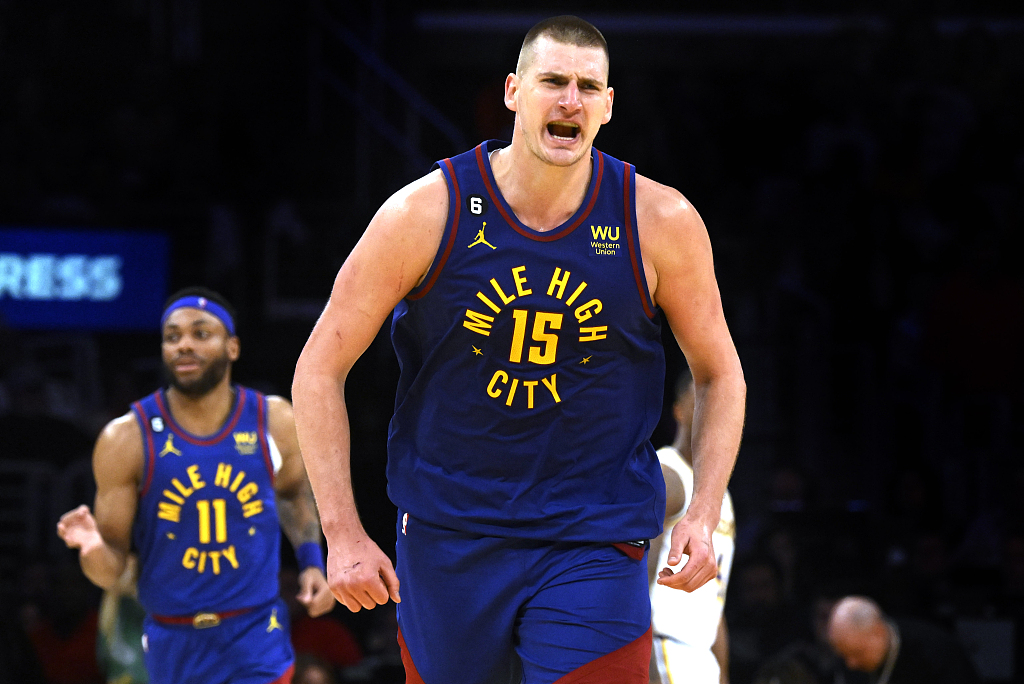Nikola Jokic (#15) of the Denver Nuggets looks on in Game 3 of the NBA Western Conference Finals against the Los Angeles Lakers at the Crypto.com Arena in Los Angeles, California, May 20, 2023. /CFP