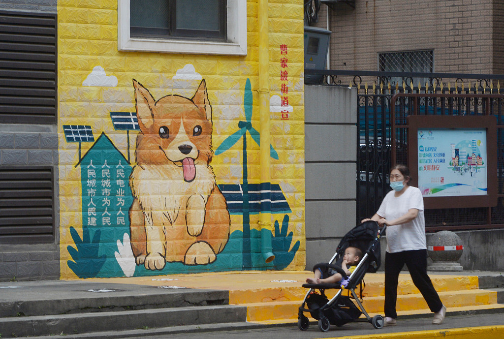 Photo taken on May 31, 2023 shows walls of Caojiadu Community in Shanghai decorated with murals of adorable cats and dogs. /CFP