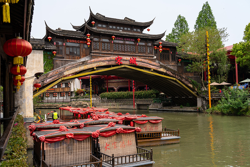 Buildings feature an ancient architectural style at Song Dynasty Town in Hangzhou, east China's Zhejiang. /CFP