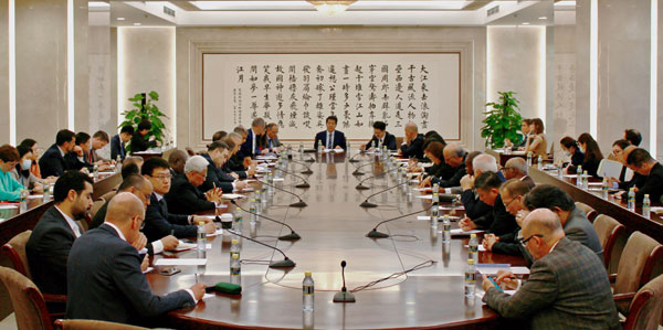 The Special Representative of the Chinese Government on Eurasian Affairs Li Hui holds a briefing for foreign diplomatic envoys to China on his six-leg European tour last month in Beijing, June 2, 2023. /Chinese Foreign Ministry