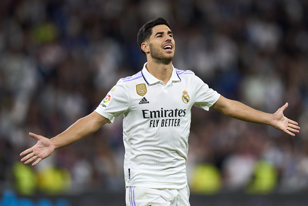 Marco Asensio of Real Madrid celebrates after scoring a goal in the La Liga game against Getafe at the Estadio Santiago Bernabeu in Madrid, Spain, May 13, 2023. /CFP 