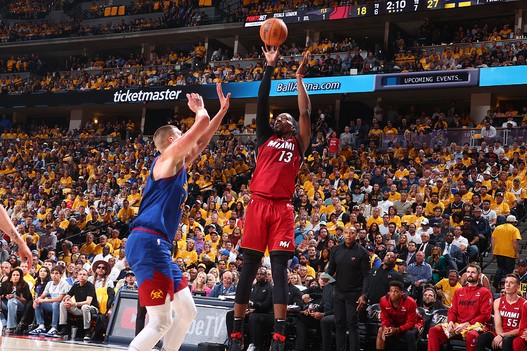 Bam Adebayo (#13) of the Miami Heat shoots in Game 1 of the NBA Finals against the Denver Nuggets at Ball Arena in Denver, Colorado, June 1, 2023. /CFP