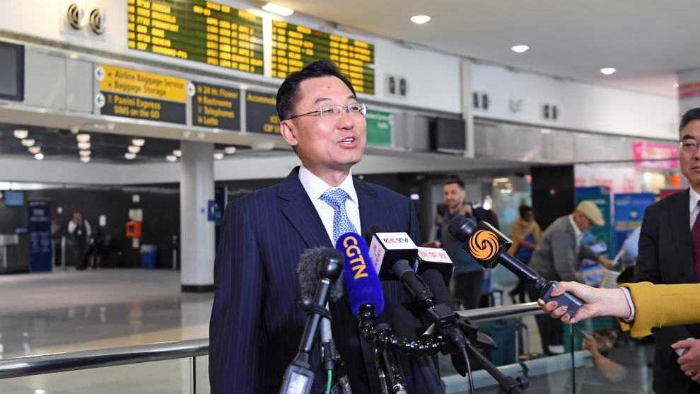 Xie Feng, China's new ambassador to the United States, delivers brief remarks to the media upon his arrival at John F. Kennedy International Airport in New York, U.S., May 23, 2023. /Xinhua