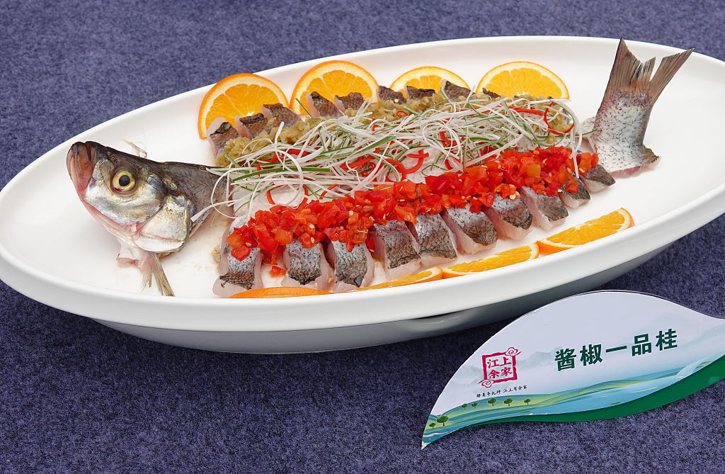 A steamed mandarin fish is seen at a culinary arts competition held in Yichang, central China's Hubei Province, on June 1, 2023. /CFP