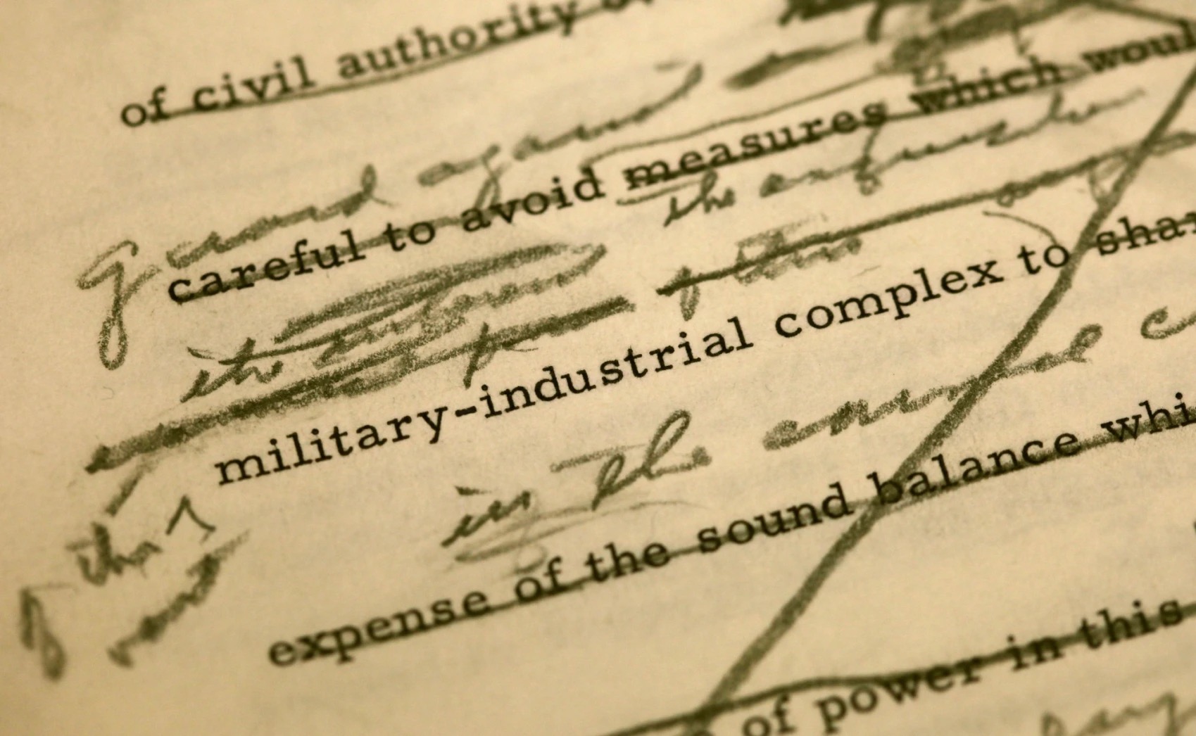 A draft of President Dwight D. Eisenhower's farewell address shows changes made around a reference to the military industrial complex at the Eisenhower Presidential Library in Abilene, Kansas, the U.S., December 10, 2010. /AP 
