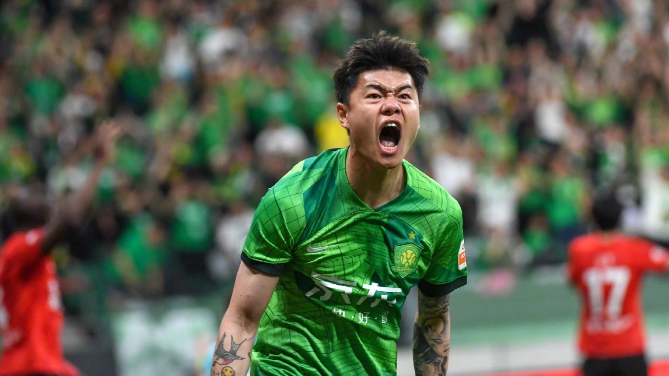 Beijing Guoan's Yang Liyu reacts after make it 3-3 during their Chinese Super League clash with Changchun Yatai at the new Workers' Stadium in Beijing, China, June 2, 2023. /Beijing Guoan