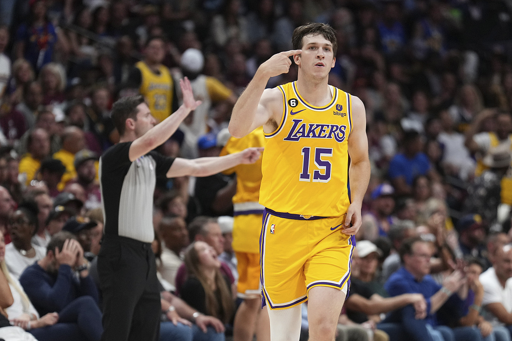 Austin Reaves of the Los Angeles Lakers reacts after aming a shot in Game 1 of the NBA Western Conference Finals against the Denver Nuggets at Ball Arena in Denver, Colorado, May 16, 2023. /CFP