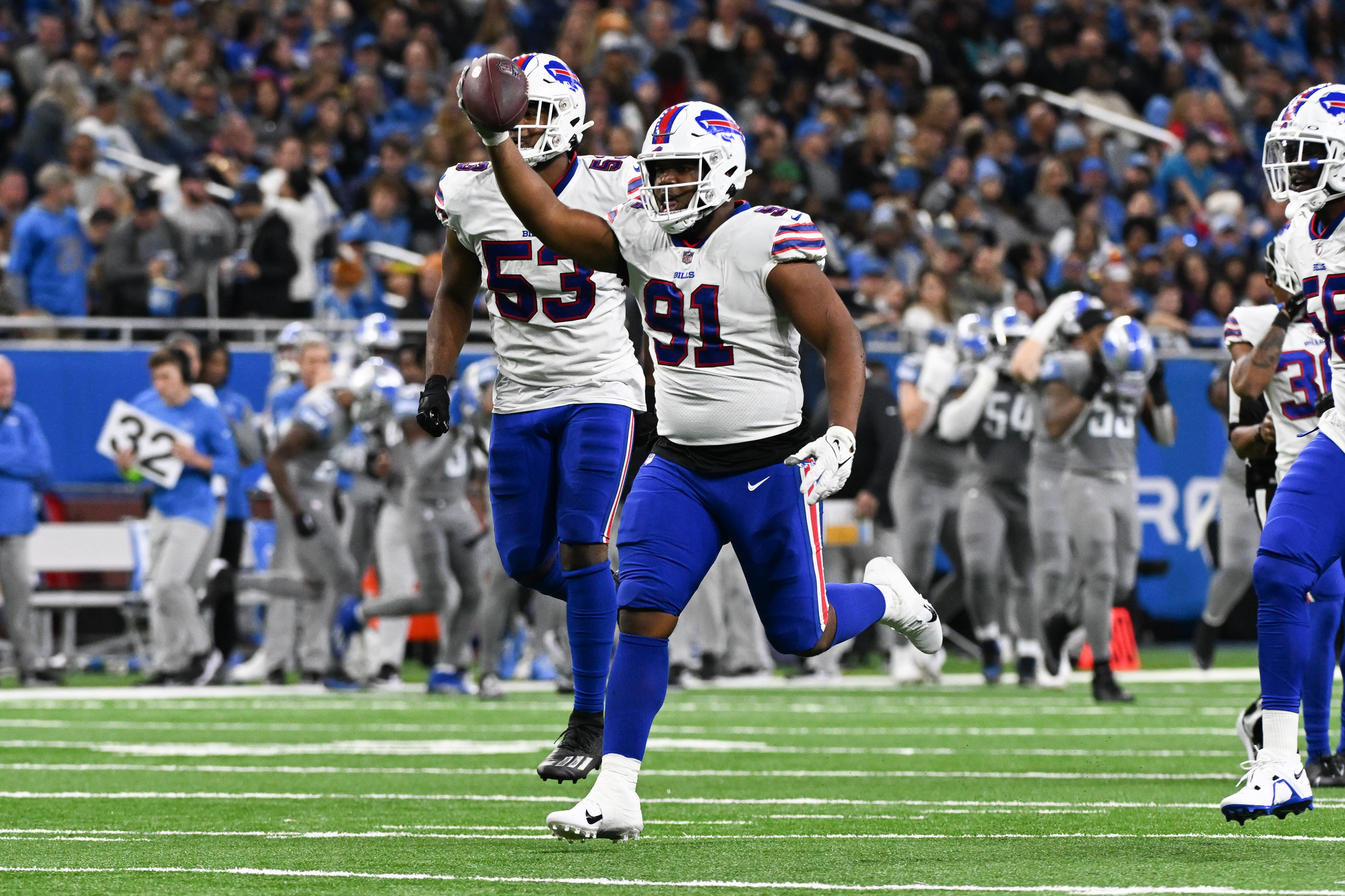 Defensive tackle Ed Oliver (#91) of the Buffalo Bills celebrates a fumble recovery in the game against the Detroit Lions at Ford Field in Detroit, Michigan, November 24, 2022. /CFP