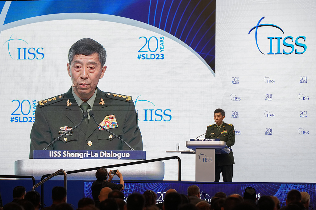 Chinese State Councilor and Minister of National Defense Li Shangfu delivers a speech during the 20th Shangri-La Dialogue in Singapore, June 4, 2023. /CFP