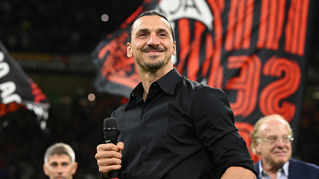 Zlatan Ibrahimovic of AC Milan speaks during a farewell ceremony at Stadio Giuseppe Meazza in Milan, Italy, June 4, 2023. /CFP